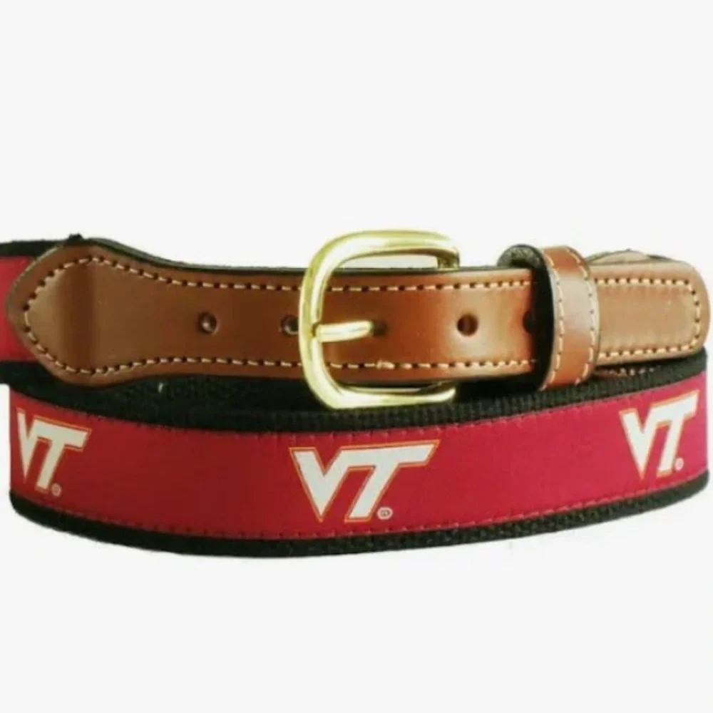 NWT Virginia Tech Hokies ribbon canvas belt with leather accents Sz 38